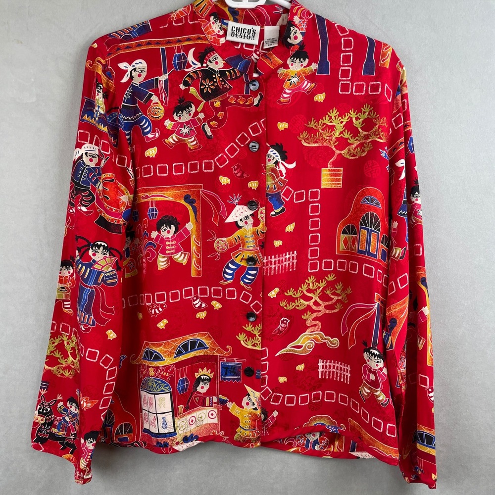 VTG Chico's Design Red 100% Silk Novelty Print Mandarin Collar Button Shirt 1 M
